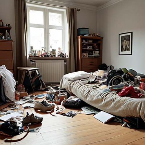 Home 11 **A cluttered room filled with excessive belongings, symbolizing mental stress and lack of focus.**