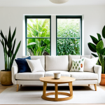 **

"A bright, airy living room with indoor plants. Snake plant and jade plant on shelves, bathed in natural light from a large window. White walls, minimal furniture: a simple sofa with linen cushions, a light wood coffee table. Safe for work, appropriate content, fully clothed interior, professional photography, perfect anatomy, natural proportions, minimalist, family-friendly."

**