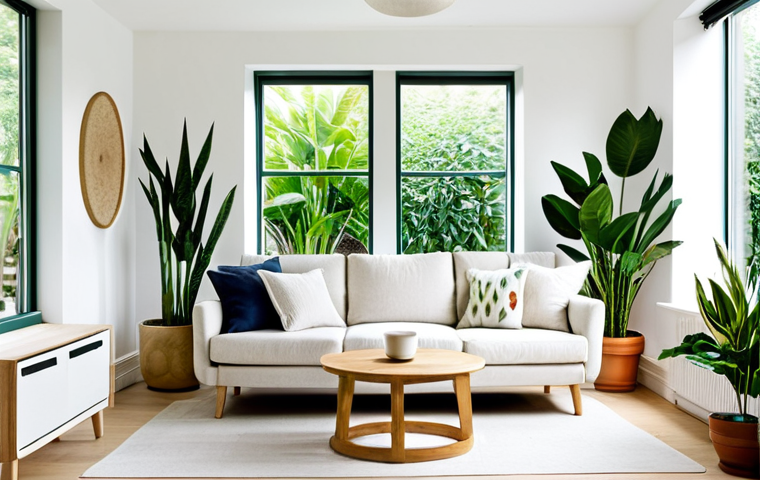 **

"A bright, airy living room with indoor plants. Snake plant and jade plant on shelves, bathed in natural light from a large window. White walls, minimal furniture: a simple sofa with linen cushions, a light wood coffee table. Safe for work, appropriate content, fully clothed interior, professional photography, perfect anatomy, natural proportions, minimalist, family-friendly."

**