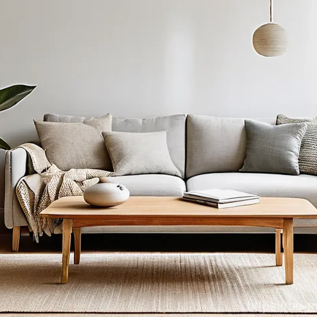 미니멀라이프 인테리어 - **Prompt:** A perfectly organized and serene minimalist living room, flooded with soft, warm natural...