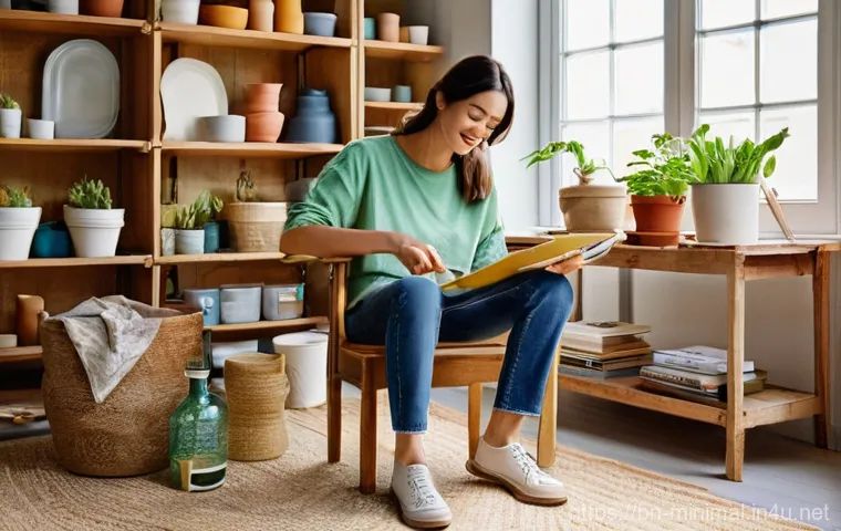 미니멀라이프 중고 제품 활용 - **Prompt 1: The Creative Upcycler**
    A bright and airy studio space bathed in soft natural light....