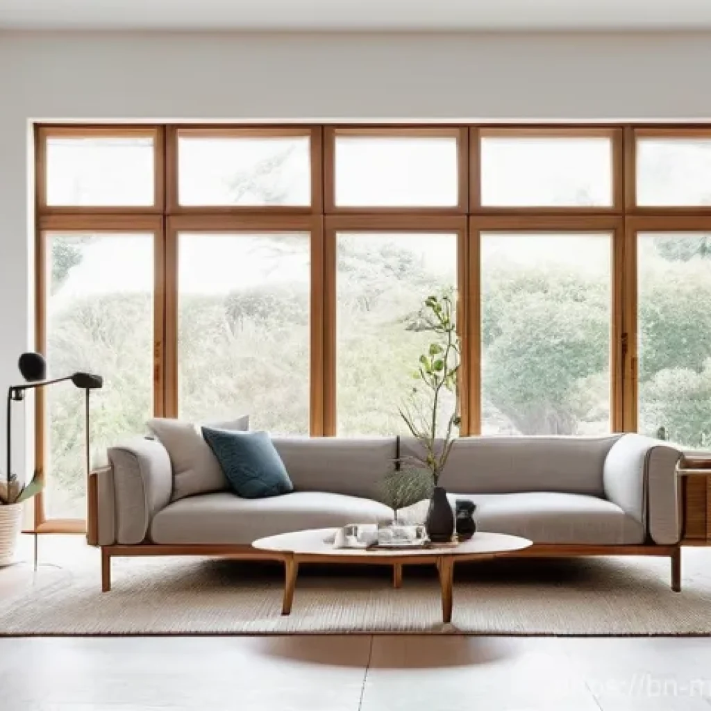 미니멀라이프 환경 친화적인 소비 - **Prompt:** A serene, minimalist living space, bathed in soft, natural light filtering through large...