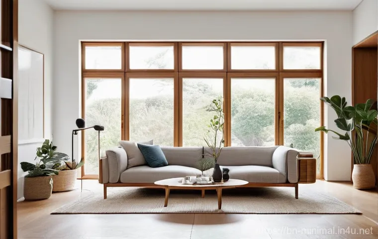 미니멀라이프 환경 친화적인 소비 - **Prompt:** A serene, minimalist living space, bathed in soft, natural light filtering through large...