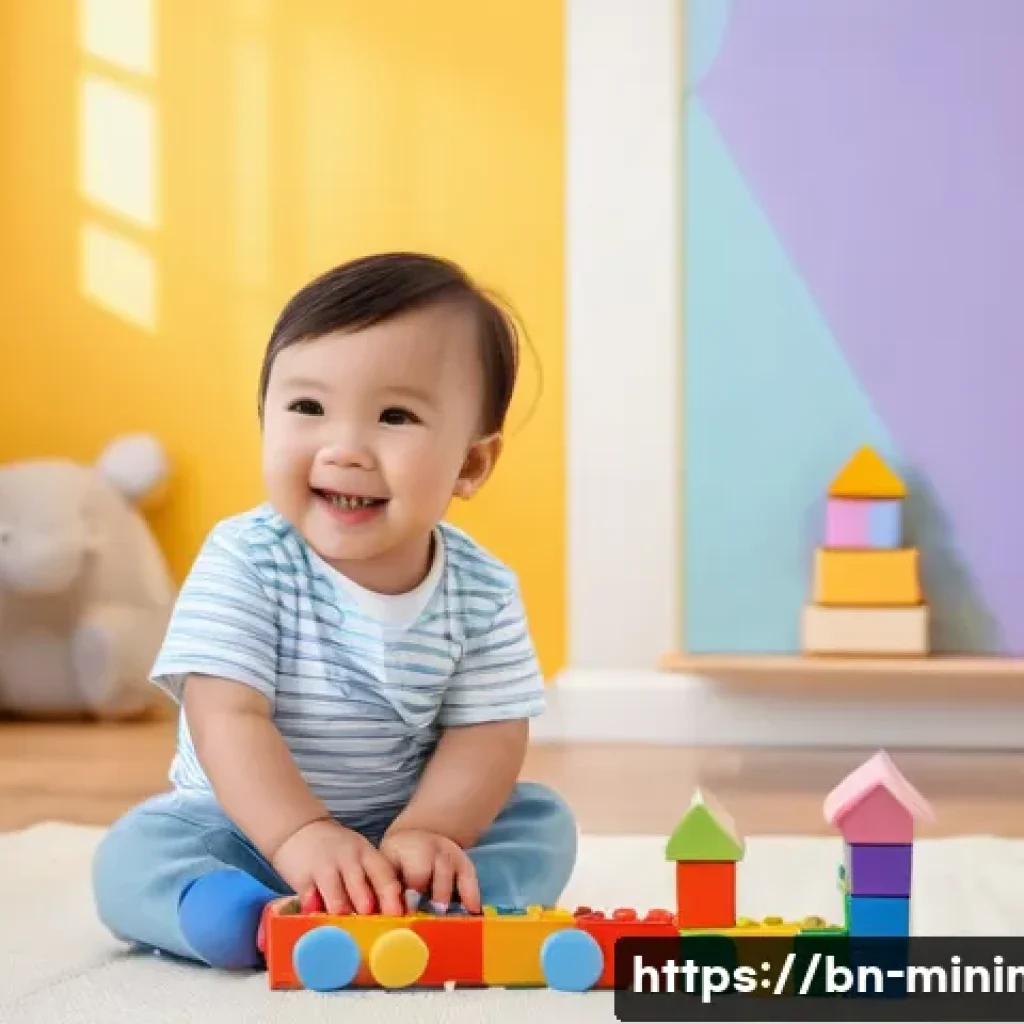 미니멀라이프 시간 관리 - **A toddler wearing a diaper playing with colorful building blocks in a brightly lit nursery. Soft, ...