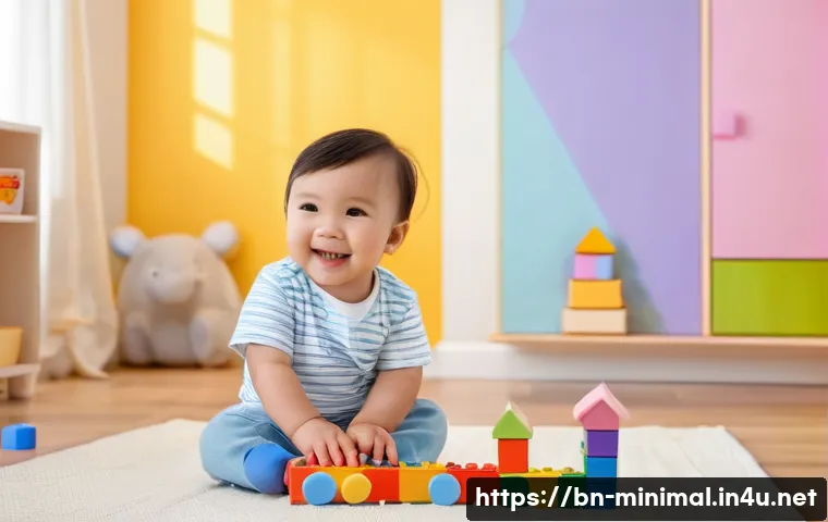 미니멀라이프 시간 관리 - **A toddler wearing a diaper playing with colorful building blocks in a brightly lit nursery. Soft, ...