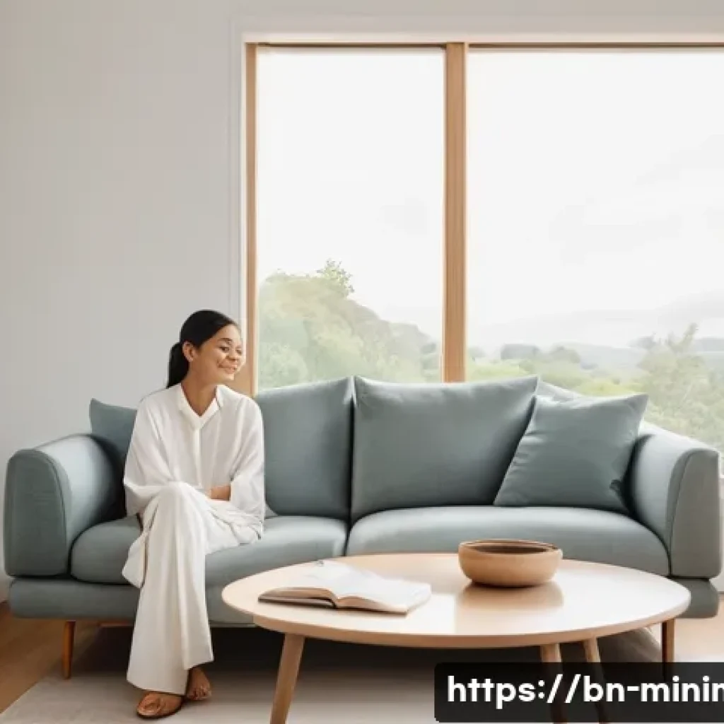 미니멀라이프 정신 건강 - **A Serene Minimalist Sanctuary:** A bright, airy living room with large windows letting in abundant...