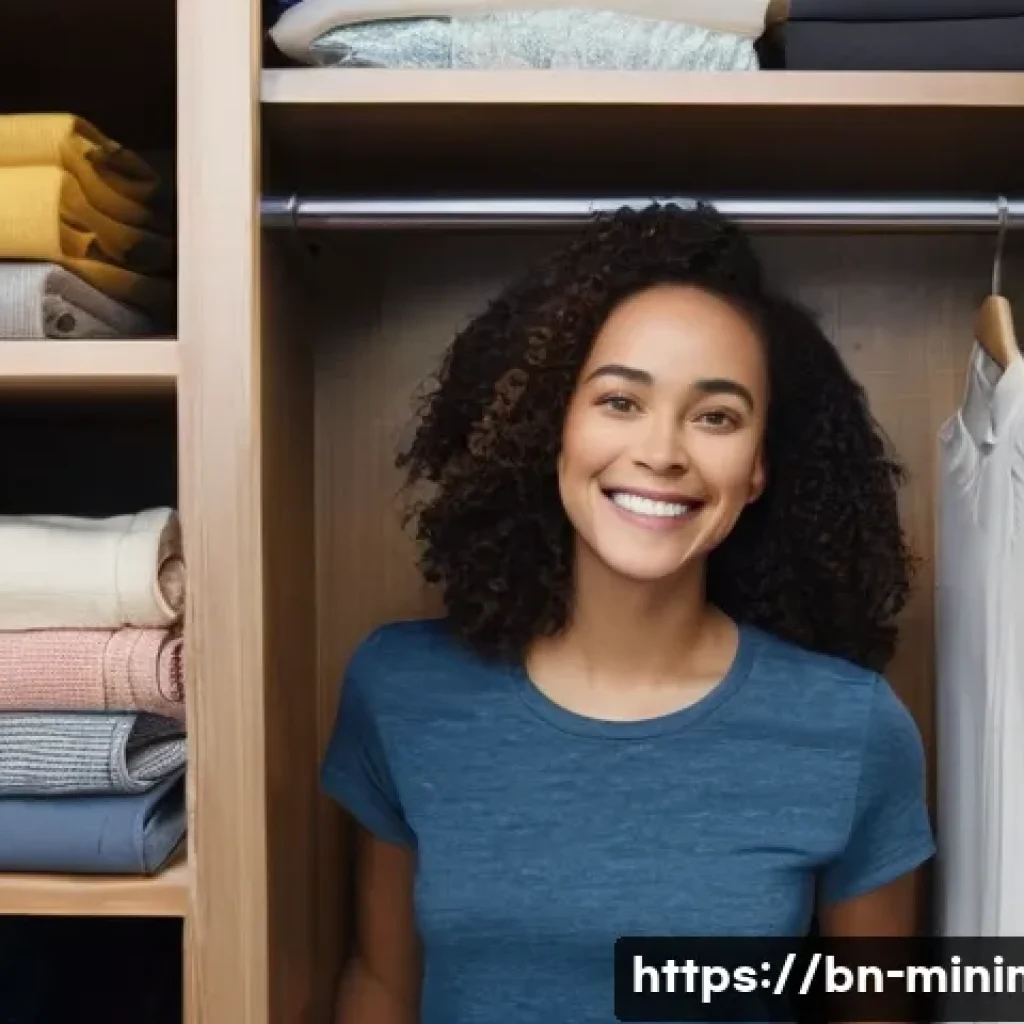 미니멀라이프 시즌별 정리법 - **Prompt:** A neatly organized closet filled with a variety of women's clothing. Sunlight streams in...