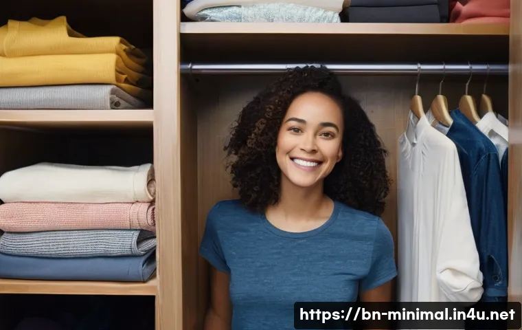 미니멀라이프 시즌별 정리법 - **Prompt:** A neatly organized closet filled with a variety of women's clothing. Sunlight streams in...