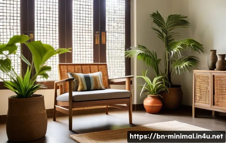 미니멀라이프 문화 체험 - A serene, minimalist Bengali home interior with natural light flooding in, featuring clean, unclutte...