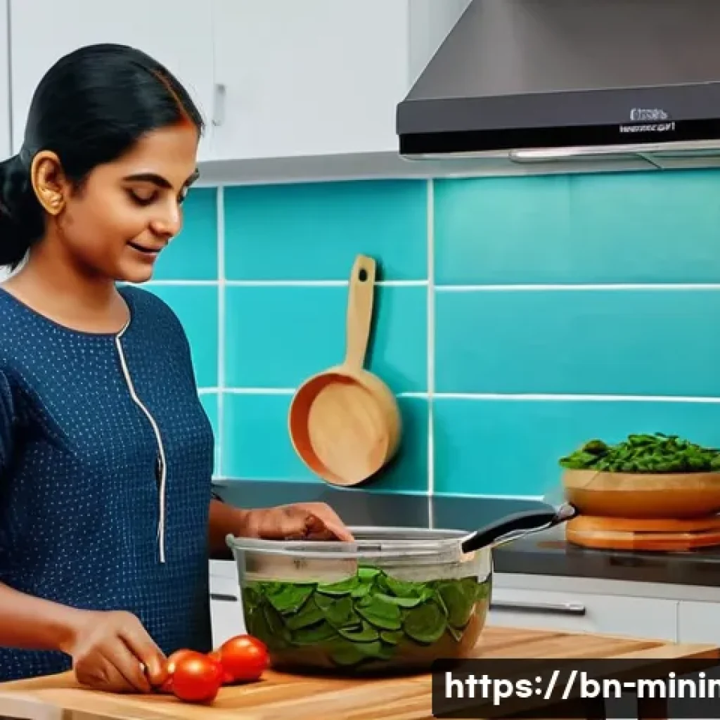 미니멀라이프 간편식 - A minimalist kitchen scene featuring a Bengali woman preparing a quick and healthy meal with fresh s...