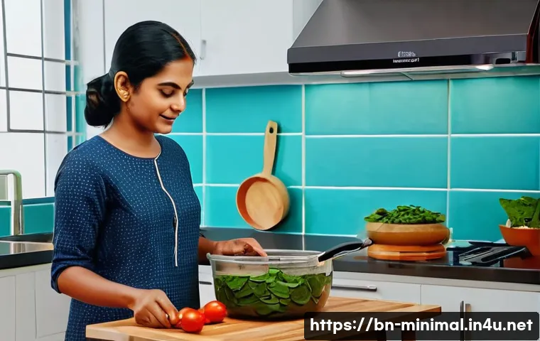 미니멀라이프 간편식 - A minimalist kitchen scene featuring a Bengali woman preparing a quick and healthy meal with fresh s...