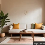 미니멀라이프 부유함과 겸손의 균형 - A serene minimalist living room in a cozy Bengali home, featuring clean lines, uncluttered spaces, a...