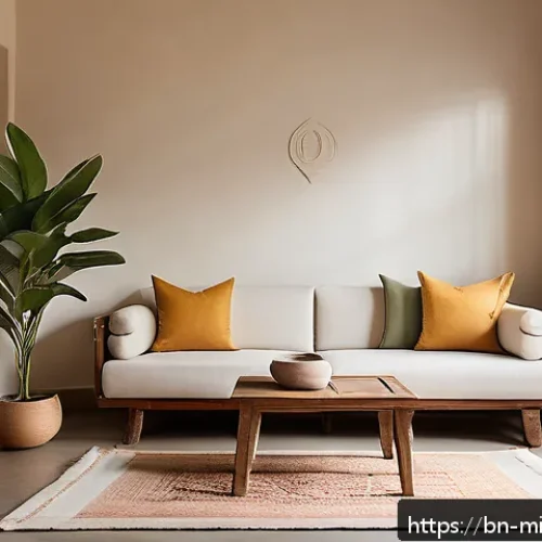 미니멀라이프 부유함과 겸손의 균형 - A serene minimalist living room in a cozy Bengali home, featuring clean lines, uncluttered spaces, a...