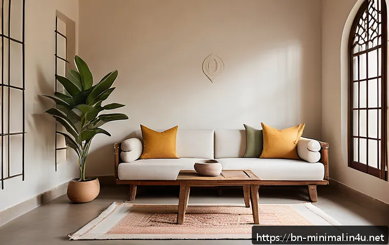 미니멀라이프 부유함과 겸손의 균형 - A serene minimalist living room in a cozy Bengali home, featuring clean lines, uncluttered spaces, a...