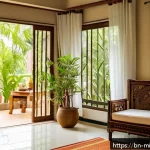 미니멀라이프 간소화 - A serene, minimalist Bengali home interior showcasing a clean and organized living room filled with ...