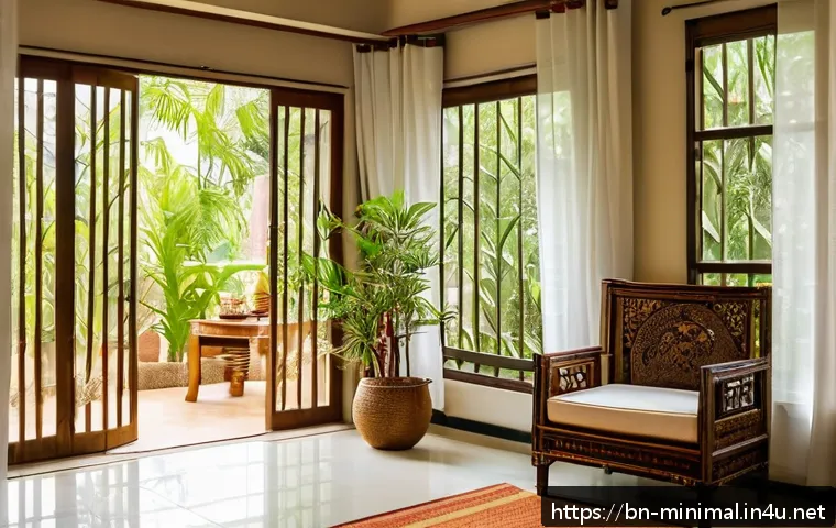 미니멀라이프 간소화 - A serene, minimalist Bengali home interior showcasing a clean and organized living room filled with ...