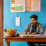 미니멀라이프 카드 사용 절제 - A modern Bengali individual sitting at a wooden desk in a cozy home office, carefully creating a per...