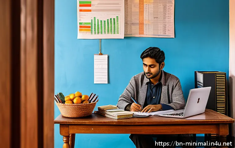 미니멀라이프 카드 사용 절제 - A modern Bengali individual sitting at a wooden desk in a cozy home office, carefully creating a per...