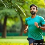 미니멀라이프 운동 루틴 - A detailed scene of a Bengali man in his 30s performing gentle warm-up exercises before jogging, wea...