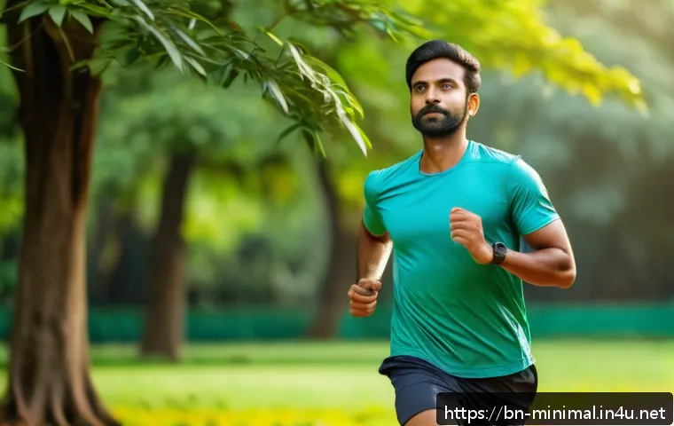 미니멀라이프 운동 루틴 - A detailed scene of a Bengali man in his 30s performing gentle warm-up exercises before jogging, wea...