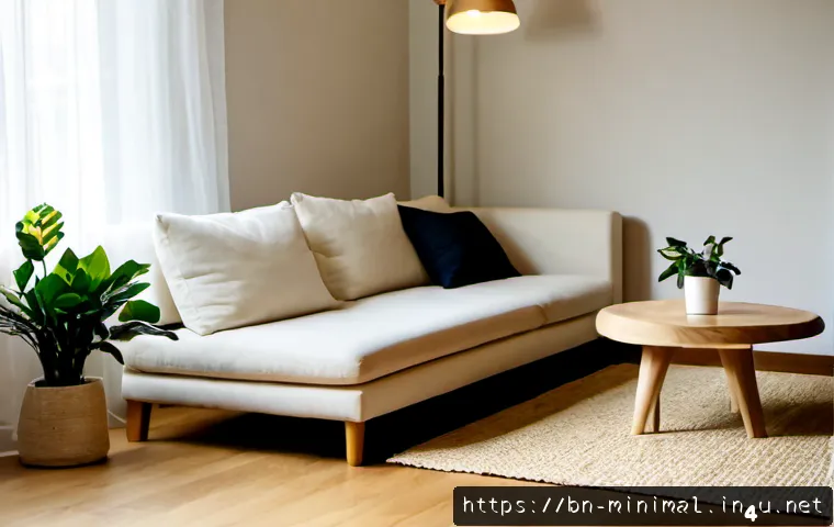 미니멀라이프 리빙룸 꾸미기 - Photorealistic minimalist living room in a warm urban apartment, low-profile cream sofa, light oak c...