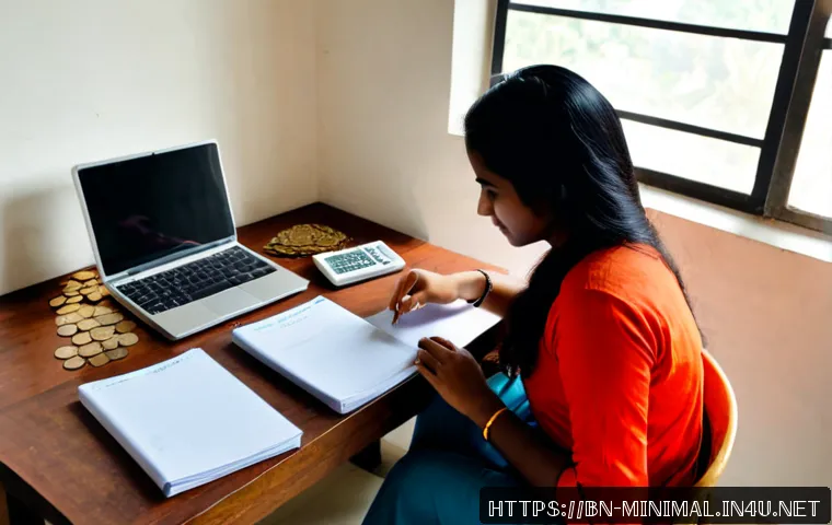 미니멀라이프 예산 관리 - Photorealistic minimalist budget planning scene in a bright Dhaka apartment, a Bengali woman in mode...